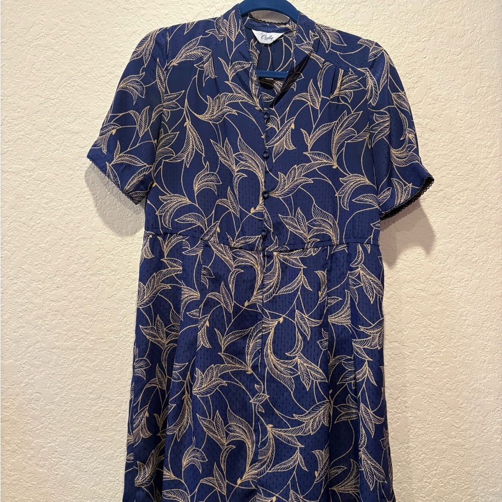 Vintage Navy Blue Dress with Leaf Pattern